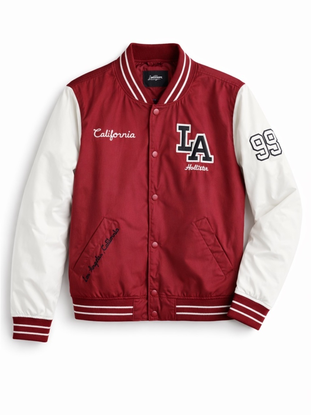 Hollister Varsity Jacket Small Maroon White Sleeves LA California 99 Bomber Prep